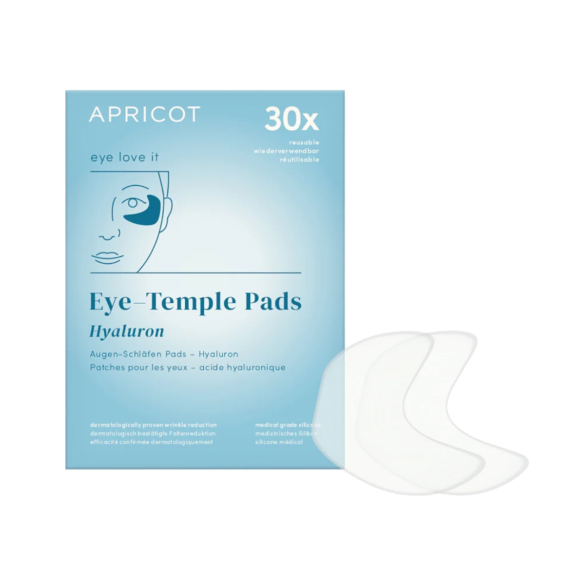 Een blik zegt meer dan 1.000 woorden en een ontspannen oogcontour nog meer. Onze herbruikbare vegan pads van pure medische siliconen zijn verrijkt met bijzonder effectief hyaluron. Maak ze af en toe schoon en behandel ze goed. Je krijgt tot 30 behandelingen uit één pad. Hoe vaker je ze gebruikt, hoe gladder en stralender je huid zal zijn. Het is klinisch bewezen. Minimale ingrediënten. Maximaal effect.