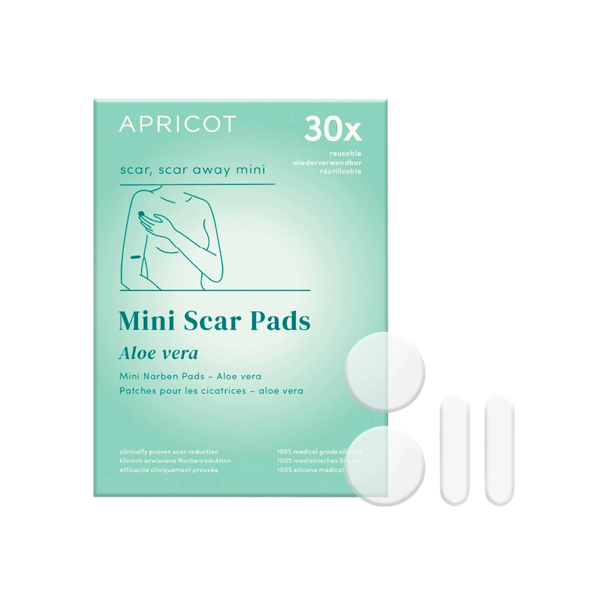 Littekens vertellen verhalen over je leven. Maar misschien vind je het niet nodig om ze aan iedereen te laten zien. De Apricot Beauty vegan littekenpads zijn gemaakt van puur siliconen van medische kwaliteit, verrijkt met hoogwaardige aloë vera. Was ze zo nu en dan en behandel ze goed. Je krijgt maximaal 30 behandelingen uit één pad. Hoe vaker je ze gebruikt, hoe gladder, zachter en minder zichtbaar je litteken zal worden. Het is klinisch bewezen. Minimale ingrediënten. Maximaal effect.