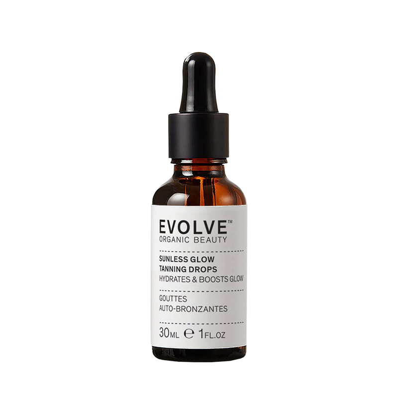 Evolve Organic Beauty Sunless Glow Tanning Drops, natuurlijke zelfbruiningsdruppels voor een egale, zongebruinde glow zonder oranje ondertoon.