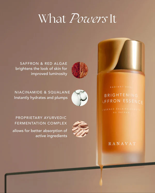 Ranavat Radiant Rani Brightening Saffron Essence met echte Saffron, Rode alg, Niacinamide & Squalane voor een prachtige huid.