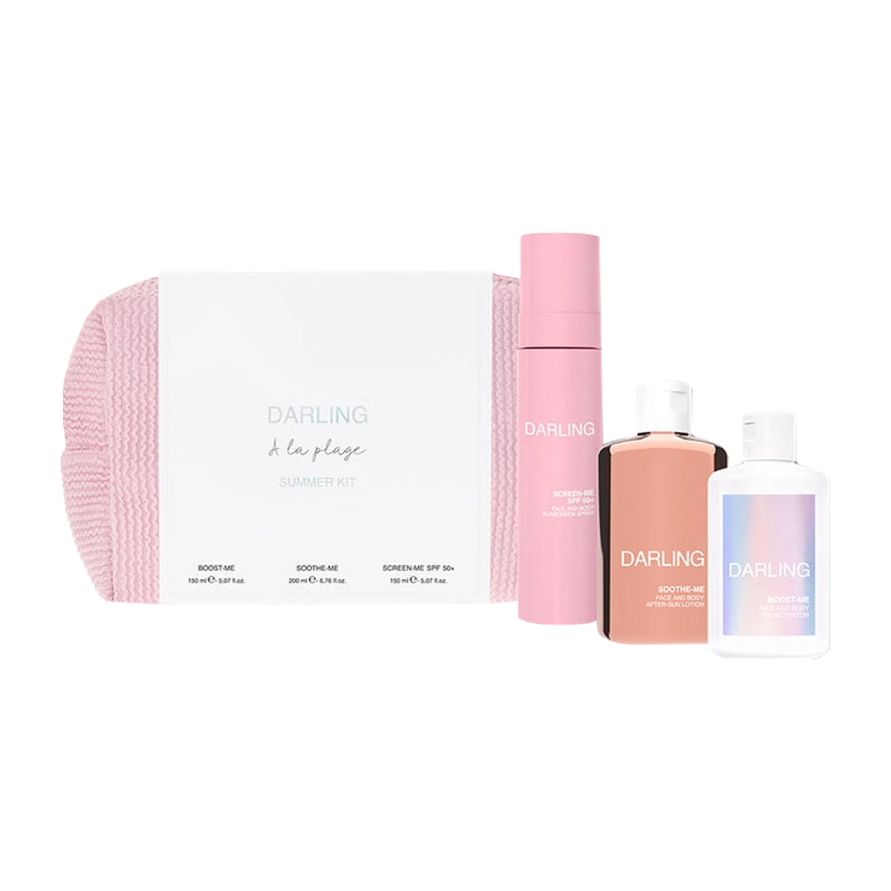 De Darling À La Plage Summer Kit is dé must-have set voor een zorgeloze zomer vol bescherming, verzorging en glow. Deze limited edition kit bevat drie Darling bestsellers in handige travel size verpakkingen, verpakt in een stijlvolle en herbruikbare pouch – ideaal voor stranddagen, vakanties of je handtas.
