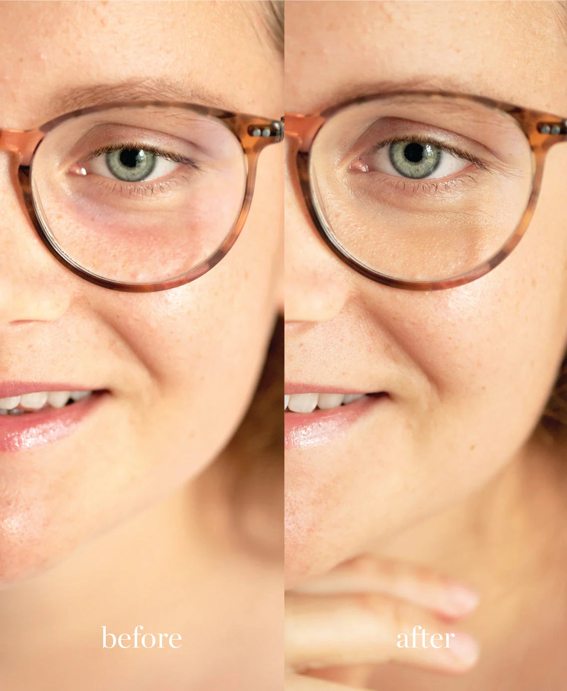 Ere Perez Lychee creme corrector swatch close up van de kleur uno op model voor en na #kleur_tres