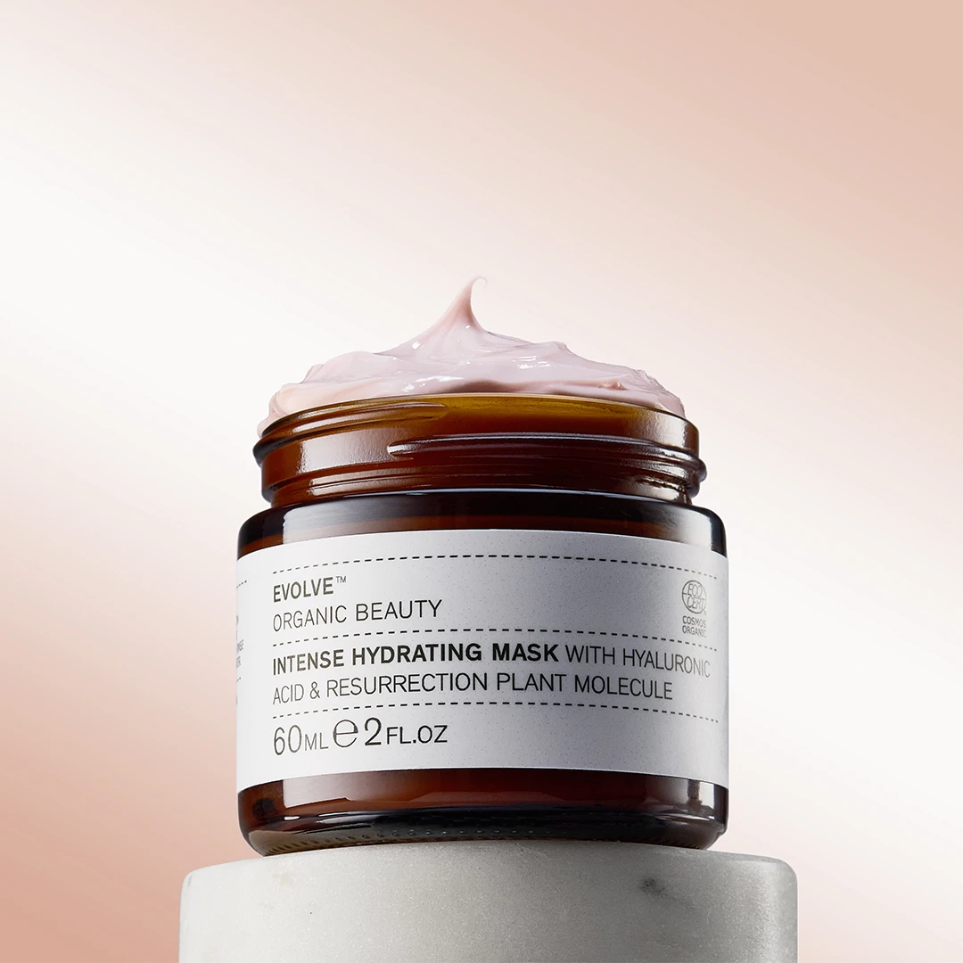 Vegan intens hydraterend masker van Evolve beauty. Met hyaluronzuur en resurrection plant molecule.