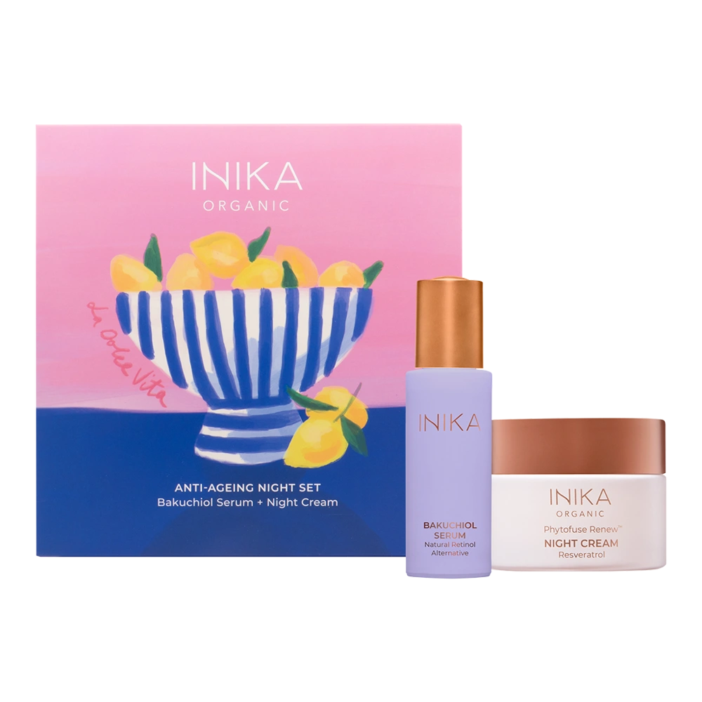 INIKA Organic Anti-Ageing Night Duo Set, natuurlijke nachtverzorging voor een zichtbaar jonge, stevige huid.