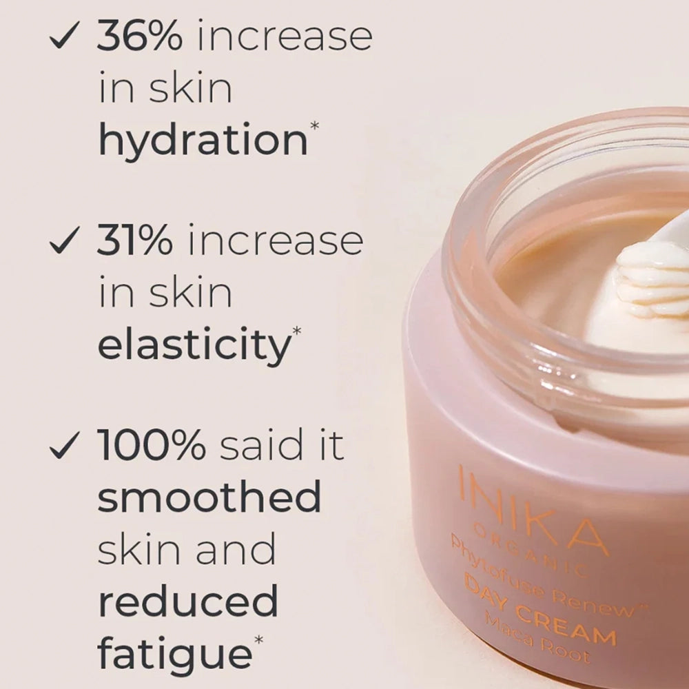 INIKA Organic The Hydration Ritual Plump & Glow verzorgingsset met Hyaluronic Hydration Complex en Phytofuse Renew dagcrème.