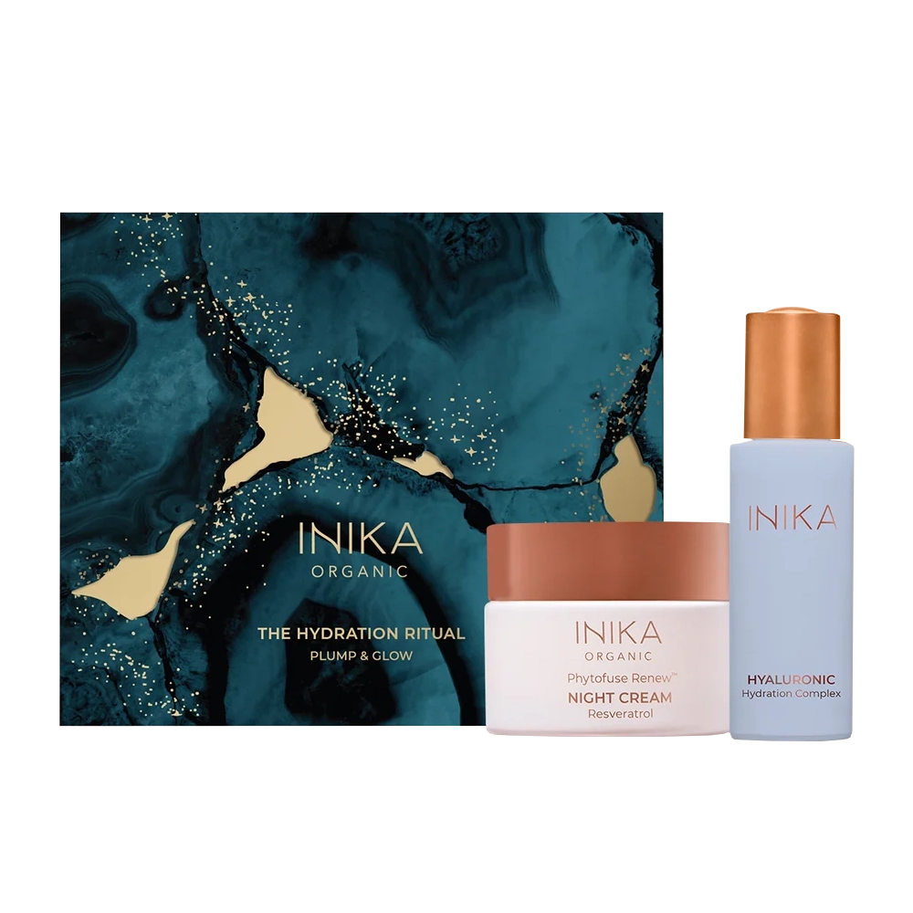 INIKA Organic The Hydration Ritual Plump & Glow verzorgingsset met Hyaluronic Hydration Complex en Phytofuse Renew dagcrème.