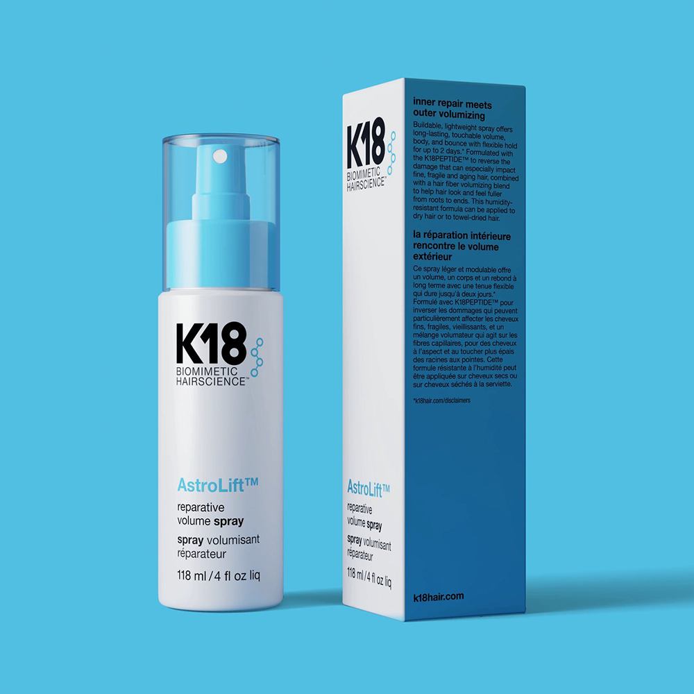 De K18 AstroLift Reparative Volume Spray is een herstellende en geheel vegan volume spray wat van binnen hersteld en van buiten het haar volume geeft. Deze gewichtloze spray geeft jouw haar een boost met als resultaat natuurlijke volume, body en bounce die tot wel twee dagen blijft zitten.