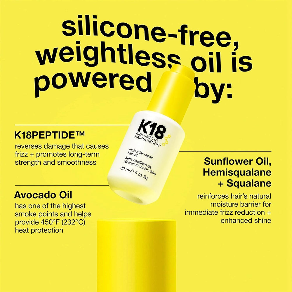 De K18 Molecular Repair Hair Oil is geen gewone haarolie. Deze geavanceerde, gewichtloze olie combineert plantaardige oliën met de gepatenteerde K18Peptide™, speciaal ontwikkeld om het haar van binnenuit te herstellen. Het resultaat? Gezond, sterk, pluisvrij en stralend haar – zonder vettigheid of residu. Vegan en dierproefvrij.