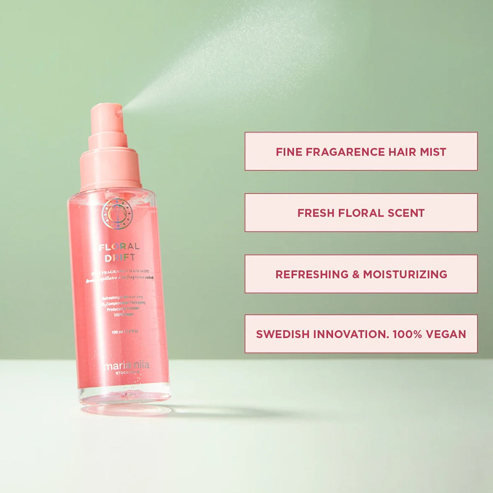 Maria Nila Floral Drift is een luxe vegan haarmist die het haar direct hydrateert, verfrist en omhult met een zachte, bloemige geur. Deze lichte veganistische en dierproefvrije finishing spray is perfect voor dagelijks gebruik en ideaal na het douchen of als snelle opfrisser gedurende de dag. Het haar voelt direct verzorgd aan en ziet er gezond en levendig uit zonder zwaar of plakkerig te worden.
