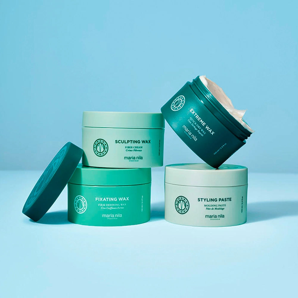 Nieuwe sets vegan Styling paste, Sculpting Wax, Extreme wax en Fixating wax van Maria Nila