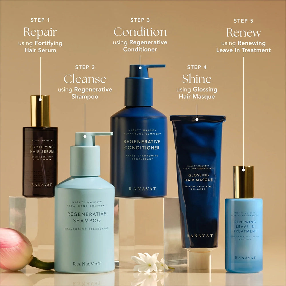 De Ranavat Renewing Leave-In Treatment is een luxe, siliconenvrije leave-in verzorging die droog, beschadigd of pluizig haar direct hydrateert en versterkt. Geformuleerd met het exclusieve Veda⁴ Bond Complex™ – een krachtige mix van Hibiscus, Roze Lotus, Amla en Ashwagandha – en verrijkt met Haritaki, Fenegriek en Macadamia-olie, herstelt deze treatment de haarstructuur van binnenuit, zonder te verzwaren.