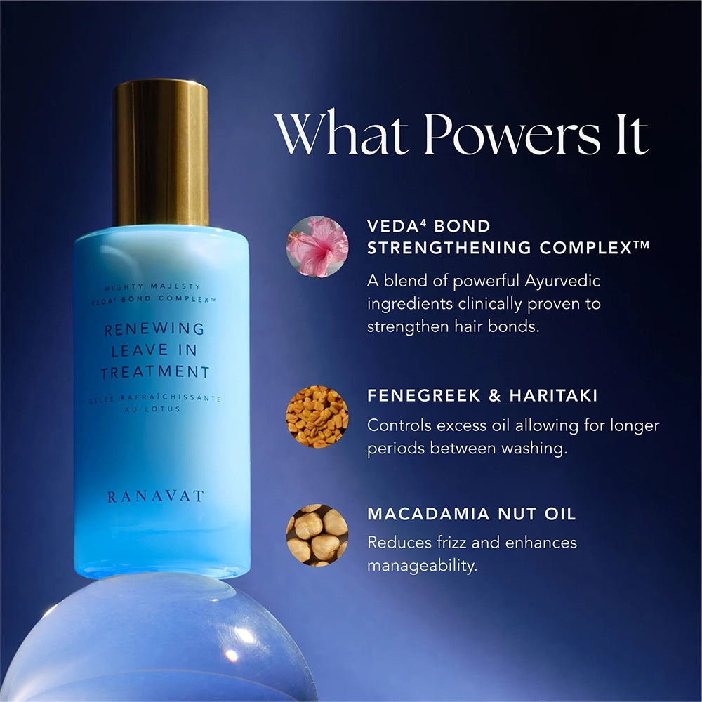 De Ranavat Renewing Leave-In Treatment is een luxe, siliconenvrije leave-in verzorging die droog, beschadigd of pluizig haar direct hydrateert en versterkt. Geformuleerd met het exclusieve Veda⁴ Bond Complex™ – een krachtige mix van Hibiscus, Roze Lotus, Amla en Ashwagandha – en verrijkt met Haritaki, Fenegriek en Macadamia-olie, herstelt deze treatment de haarstructuur van binnenuit, zonder te verzwaren.