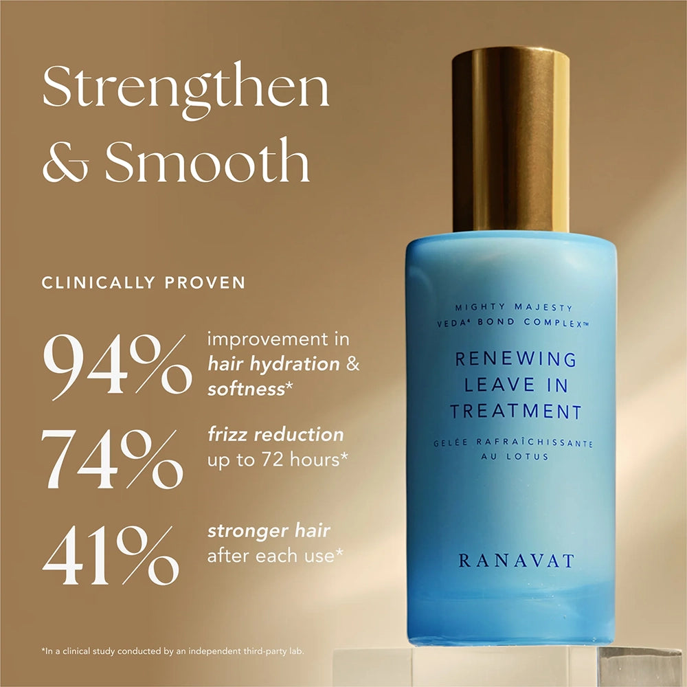 De Ranavat Renewing Leave-In Treatment is een luxe, siliconenvrije leave-in verzorging die droog, beschadigd of pluizig haar direct hydrateert en versterkt. Geformuleerd met het exclusieve Veda⁴ Bond Complex™ – een krachtige mix van Hibiscus, Roze Lotus, Amla en Ashwagandha – en verrijkt met Haritaki, Fenegriek en Macadamia-olie, herstelt deze treatment de haarstructuur van binnenuit, zonder te verzwaren.
