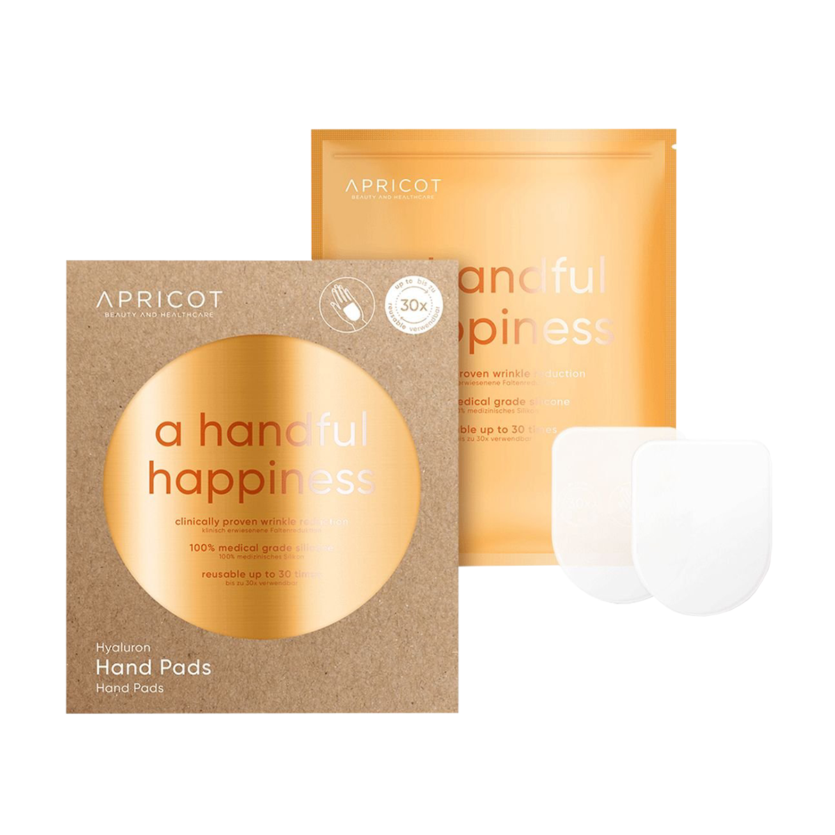 Je handen helpen je elke dag. Laat Apricot Beauty je ook een handje helpen met deze heerlijke veganistische anti-aging pads. De anti-aging pads zijn gemaakt van puur siliconen van medische kwaliteit, verrijkt met zeer effectief hyaluronzuur. Maak ze zo nu en dan schoon en behandel ze goed. Je krijgt tot 30 behandelingen uit één pad. Hoe vaker je ze gebruikt, hoe gladder je handen zullen zijn. Het is klinisch bewezen. Minimale ingrediënten. Maximaal effect.