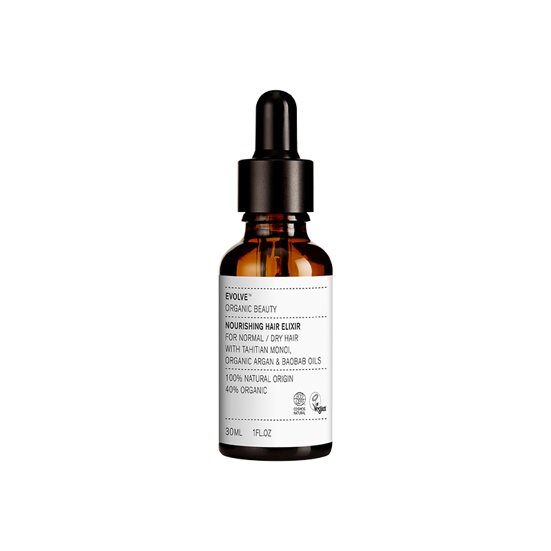 De Award winnende Nourishing Hair Elixir van Evolve is een lichtgewicht serum dat bestaat uit 100% natuurlijke ingrediënten waardoor het haar heerlijk zacht, licht en gehydrateerd aanvoelt. De mix van organische Marokkaanse arganolie, biologische baobabolie en mono-olie is een absoluut magisch mengsel dat kroezen temt. De vegan Nourishing Hair Elixir is rijk aan antioxidanten die het haar beschermen tegen invloeden van buitenaf en vocht aanvullen en vasthouden.