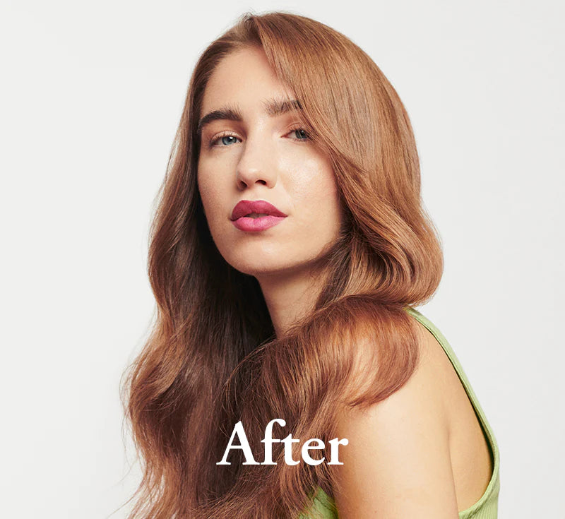 Resultaat van Maria Nila Colour Refresh voor en na foto's na het gebruik van een cacao bruine colour refresh kleurmasker
