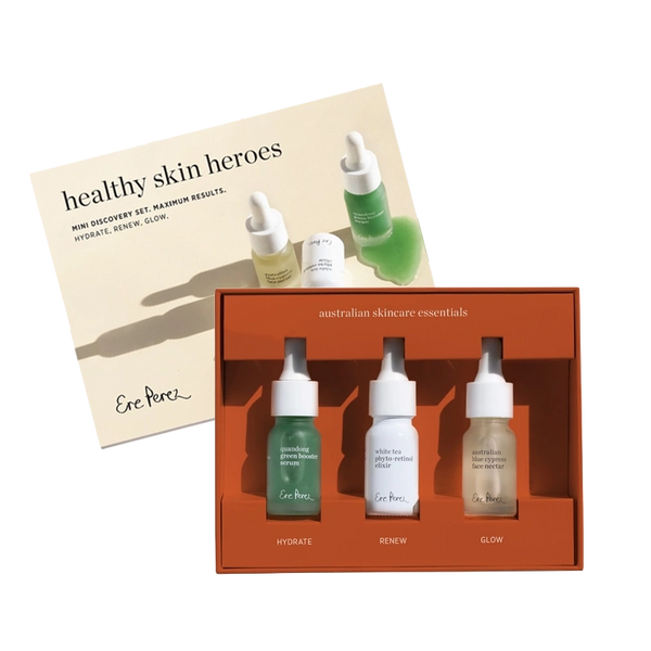 Verwen jezelf of verras iemand speciaal met de prachtige Healthy Skin Heroes Mini Set van Ere Perez! Laat je gezicht stralen met deze heerlijke formules, die niet alleen doeltreffend zijn, maar ook dierproefvrij en vegan. Ontwikkeld om je huid diep te voeden, uitdroging tegen te gaan en een natuurlijke glow naar voren te brengen.