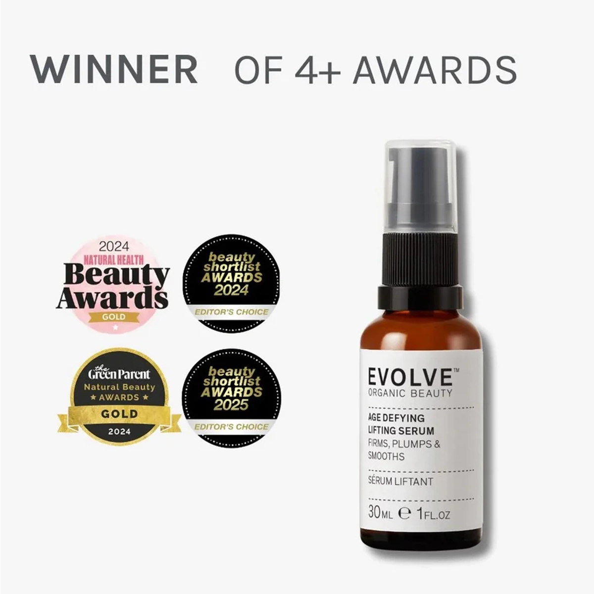 Evolve Organic Beauty Age Defying Lifting Serum 30 ml, natuurlijk vegan anti aging gezichtsserum met peptiden en hyaluronzuur voor een stevigere huid.