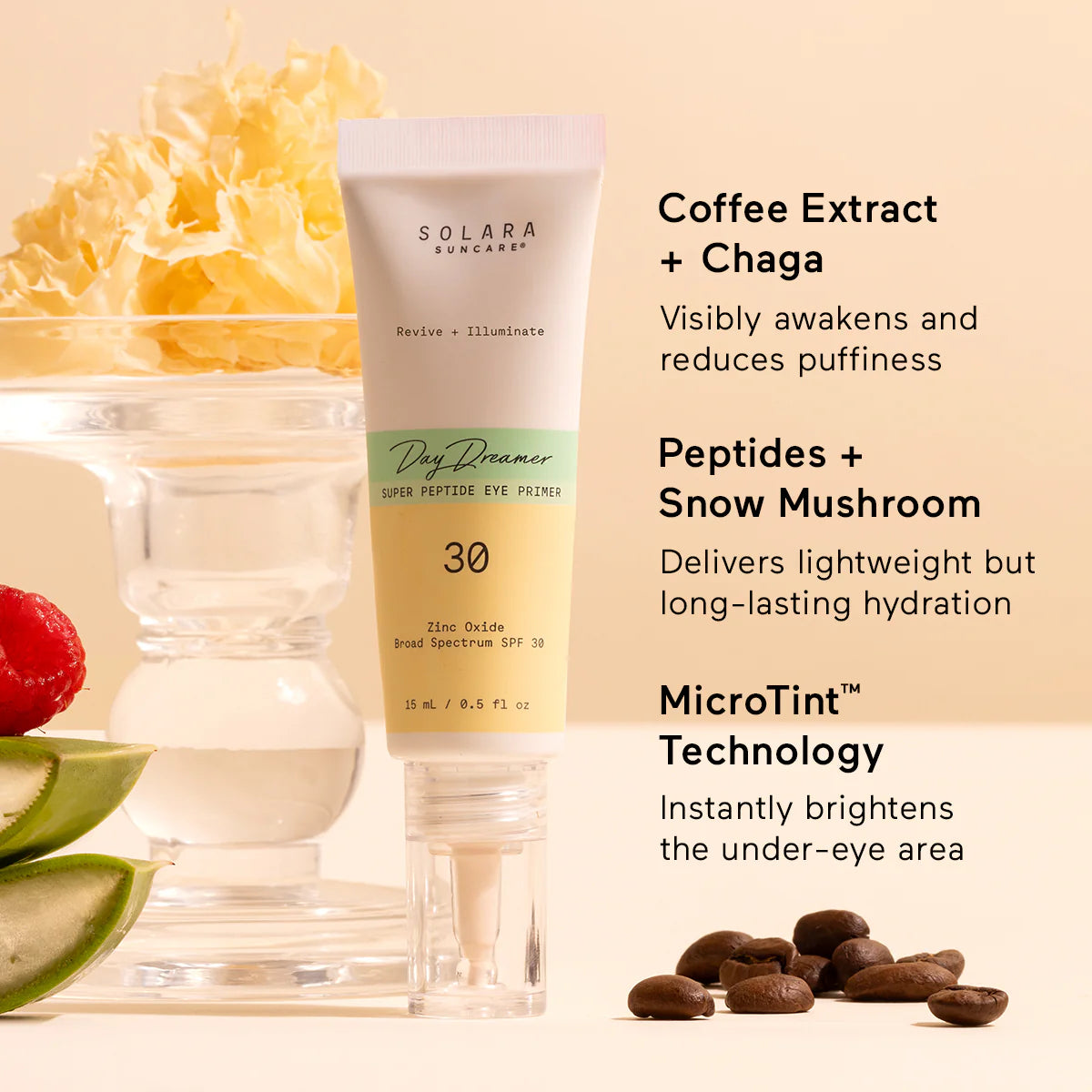 Dit innovatieve Day Dreamer Super Peptide vegan en dierproefvrije  Eye Primer van Solara met minerale SPF 30 combineert huidverzorging, zonbescherming en een make-up primer in één slimme stap. De ultralichte formule verkoelt direct, hydrateert intensief en helpt de gevoelige huid rondom de ogen zichtbaar gladder, voller en stralender te maken.