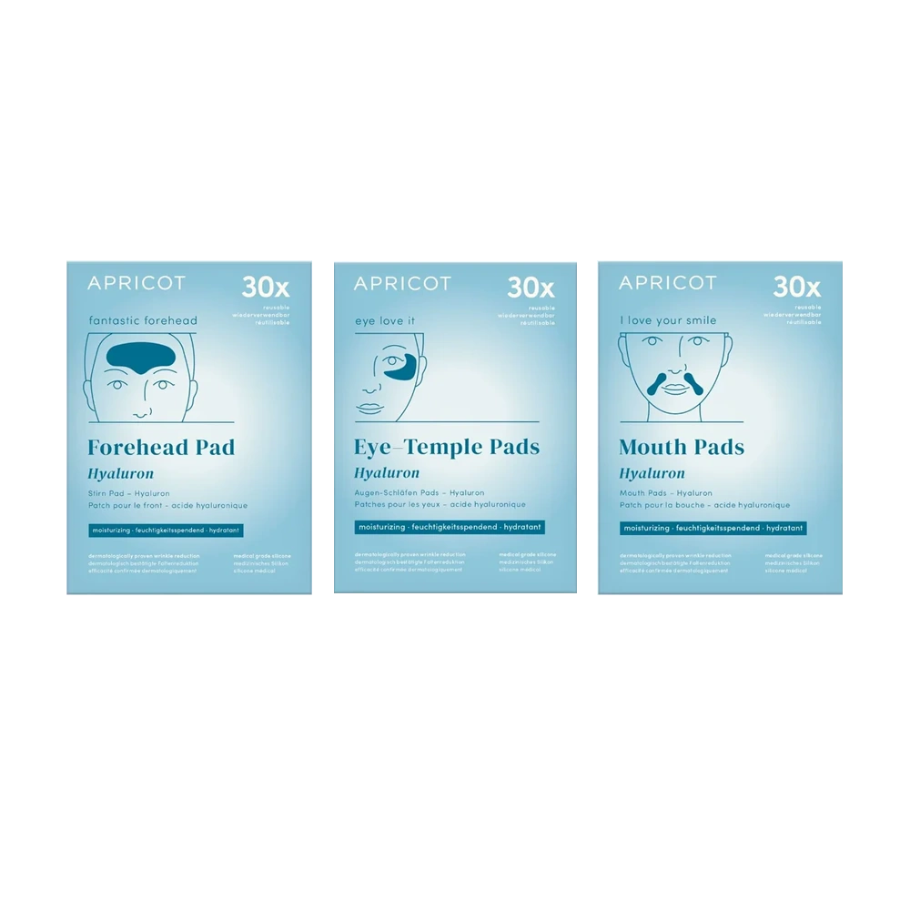 Krijg je snel donkere kringen onder je ogen als je moe bent of slecht hebt geslapen? En pieker je soms zo veel dat je fronsrimpels krijgt? Dan is deze beautyset met hyaluronzuur van APRICOT perfect voor jou! Met de oog- en voorhoofdpads kun je wallen en kraaienpootjes vaarwel zeggen voordat ze permanent worden. De mondpads kun je gebruiken in de neuslippenplooien of op je bovenlip.