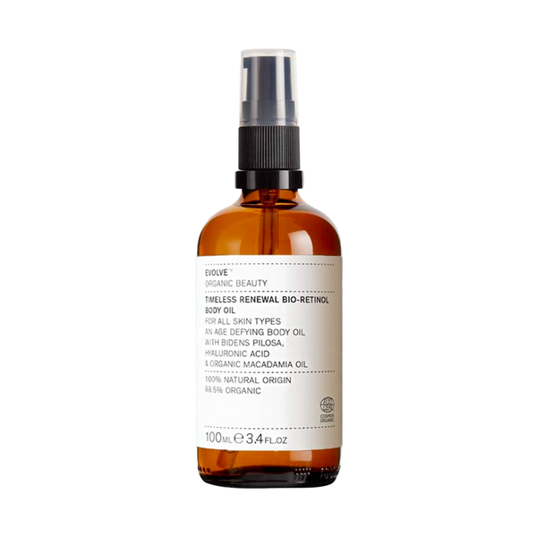 Timeless Renewal Bio-Retinol Body Oil van Evolve is een nieuw hemels product om aan je vegan huidverzorgingsroutine toe te voegen. Maak je klaar om verliefd te worden op de Timeless Renewal Bio-Retinol Body Oil - jouw ultieme wapen in de strijd tegen huidveroudering. 