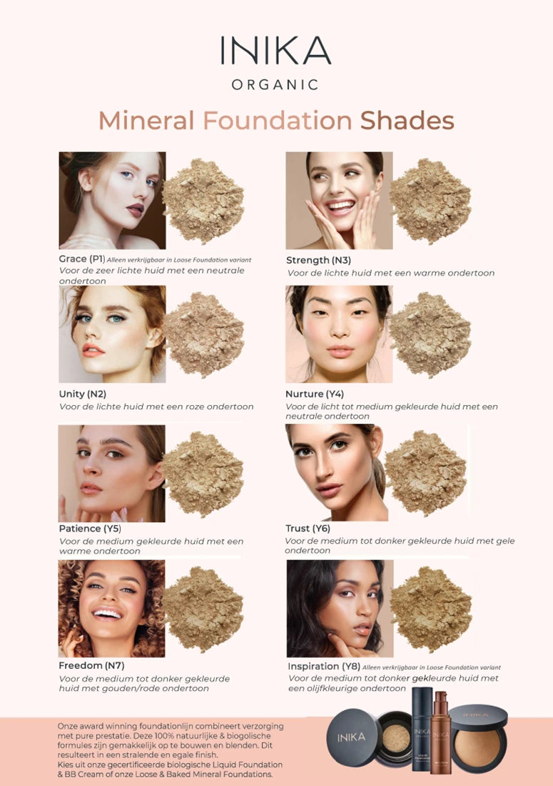  Deze award winnende minerale poeder foundation van INIKA geeft de perfecte basis en verstopt de huid niet en absorbeert overtollig olie uit de poriën. De mineral foundation is prachtige op te bouwen en geeft een lichte of volledige dekking voor elke gelegenheid. Ook is deze foundation geschikt voor de gevoelige huid door de krachtige werking van Squalaan uit olijven en Magnolia Bark Extract.