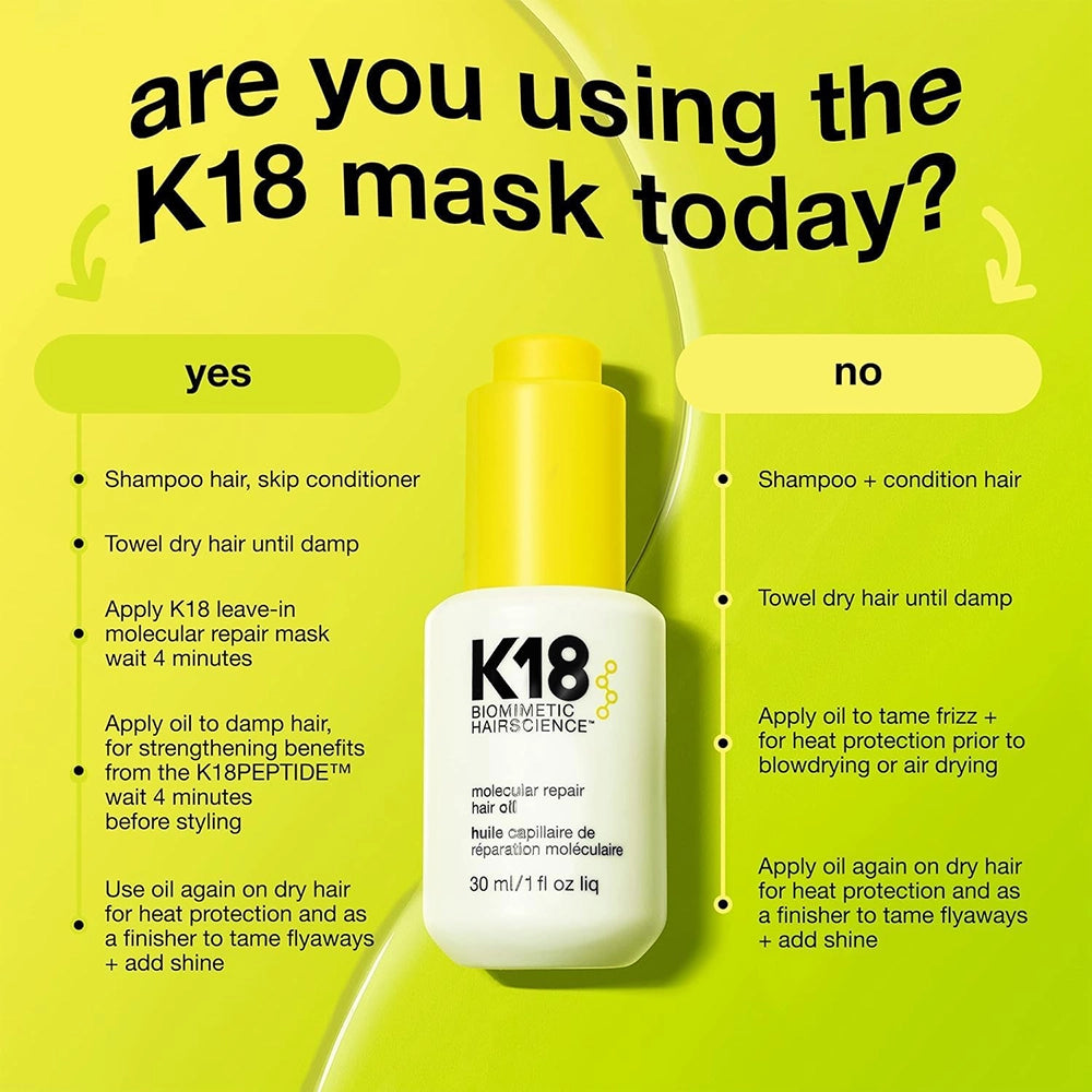 De K18 Molecular Repair Hair Oil is geen gewone haarolie. Deze geavanceerde, gewichtloze olie combineert plantaardige oliën met de gepatenteerde K18Peptide™, speciaal ontwikkeld om het haar van binnenuit te herstellen. Het resultaat? Gezond, sterk, pluisvrij en stralend haar – zonder vettigheid of residu. Vegan en dierproefvrij.