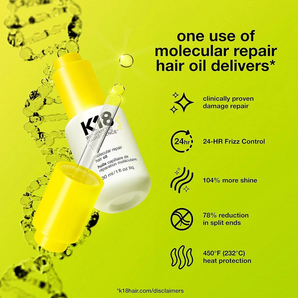 De K18 Molecular Repair Hair Oil is geen gewone haarolie. Deze geavanceerde, gewichtloze olie combineert plantaardige oliën met de gepatenteerde K18Peptide™, speciaal ontwikkeld om het haar van binnenuit te herstellen. Het resultaat? Gezond, sterk, pluisvrij en stralend haar – zonder vettigheid of residu. Vegan en dierproefvrij.