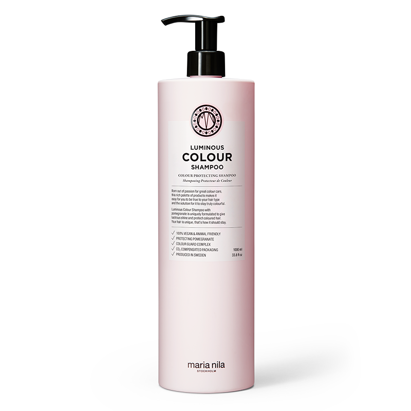 Maria Nila Luminous Colour Shampoo. Vegan shampoo voor gekleurd en geverfd haar zonder parabenen of sulfaten. Salon size 1 liter fles.