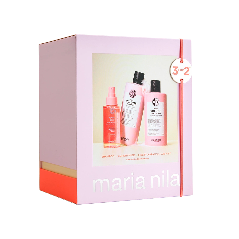 Maria Nila Pure Volume Beauty Box is een volume-gevende lijn die fijn haar dikker en steviger maakt zonder het te verzwaren. Vitamine B5 voegt vocht en langdurig volume toe en als finishing touch bevat de set de nieuwe Floral Drift Hair Mist voor gehydrateerd haar.