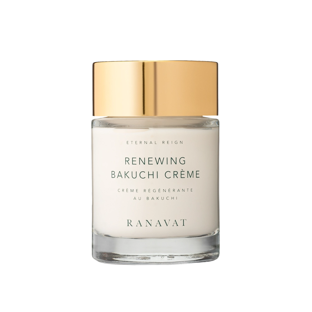 De heerlijke RANAVAT. Eternal Reign Renewing Bakuchi Creme is gemaakt om te hydrateren, te herstellen en te vernieuwen. Deze luxe crème zit boordevol krachtige, jeugdige plantaardige ingrediënten zoals bakuchizaad en lotusbloem en heeft een zijdezachte finish die je huid er royaal uitgerust laat uitzien. Cruelty Free I Non-GMO I Glutenvrij I Palmvrij I Synthetisch Parfumvrij I Veganistisch