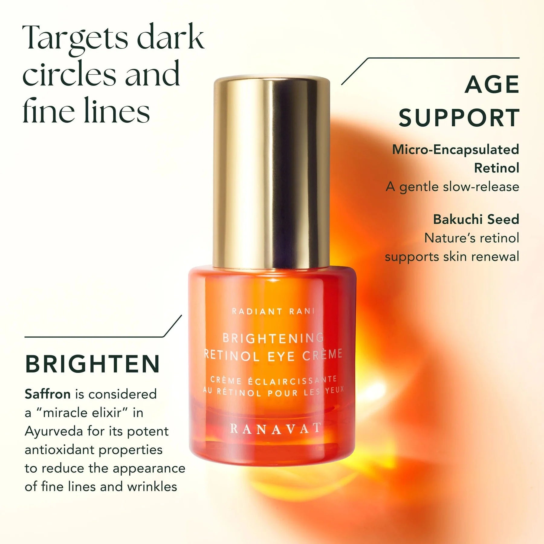 Deze retinol oogcrème van Ranavat voor de nacht combineert de kracht van de eerste ayurvedische retinol met een antioxidantboost van saffraan. Het resultaat? Klinisch bewezen verlichting van donkere kringen, strakkere huid rondom de ogen en minder zichtbare wallen. Bovendien helpt het de fijne lijntjes zichtbaar te verminderen, voor een jeugdige en frisse uitstraling. Geheel vegan en dierproefvrij.