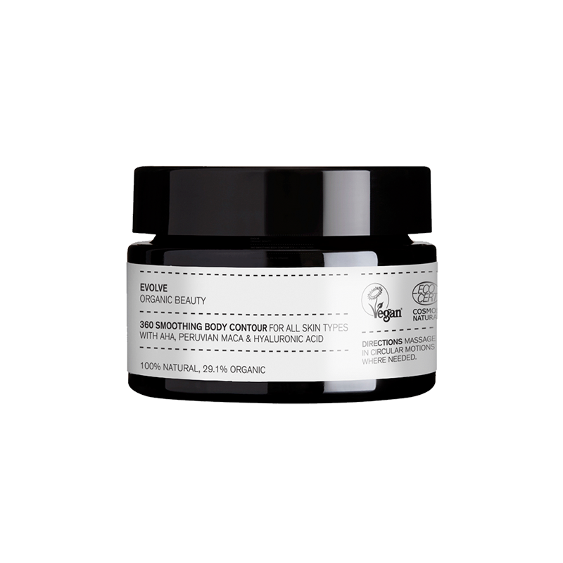 Evolve 360 Smoothing Body Contour Cream is een vegan verstevigende contourcrème voor het lichaam, die AHA, Peruaanse maca en galactoarabinanto bevat, die helpt om de gladheid, elasticiteit en teint van de huid te verbeteren en tegelijkertijd de celvernieuwing te bevorderen. Het gehalte aan bioactief roze zeezout afkomstig uit de roze zoutmeren van Spanje maakt de huid zijdezacht.
