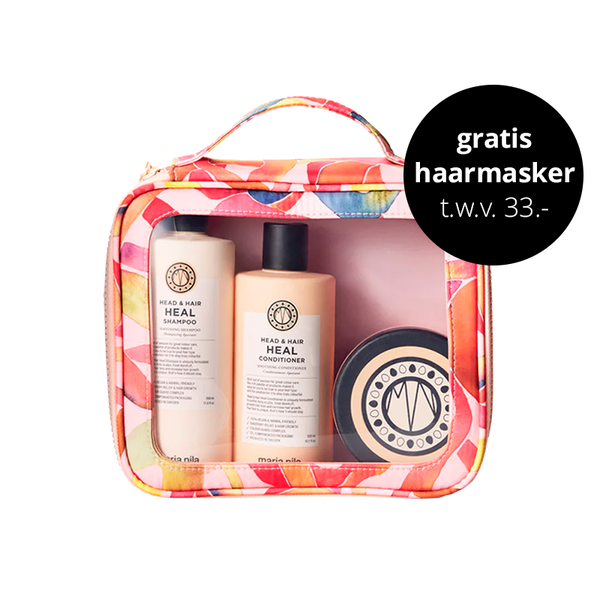 Maria Nila Head & Hair Heal Beauty Bag is een kalmerende haargroei-stimulerende set voor de gevoelige hoofdhuid. Aloë Vera-extract en Piroctone Olamine voorkomt en behandelt hoofdhuidproblemen. De ingrediënten in de vegan shampoo en conditioner stimuleren de haarzakjes voor een versnelde haargroei en voorkomen haaruitval.