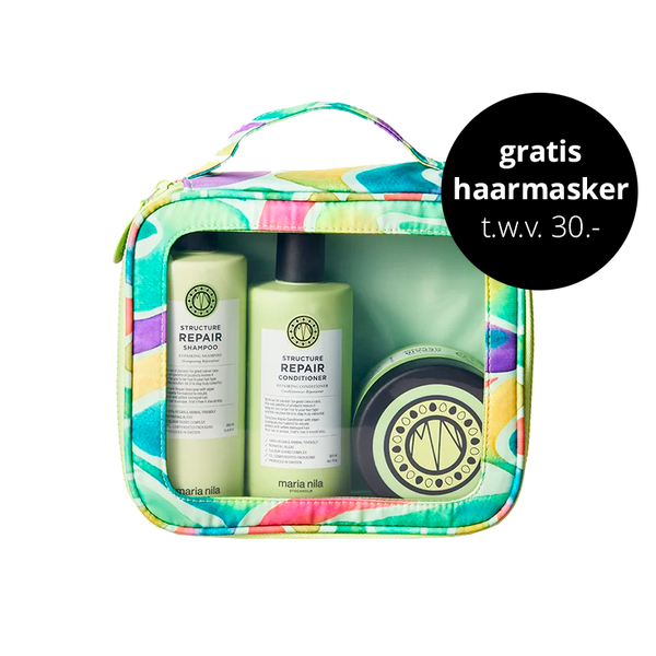 De limited edition Beauty Bags van dit jaar zijn er! Elke Beauty Bag heeft een kleurrijk, uniek ontwerp gemaakt van 100% gerecyclede materialen en bevat de Structure Repair shampoo, conditioner en het fantastische haarmasker - de perfecte routine in drie stappen. vegan, dierproefvrij, duurzaam en natuurlijk.