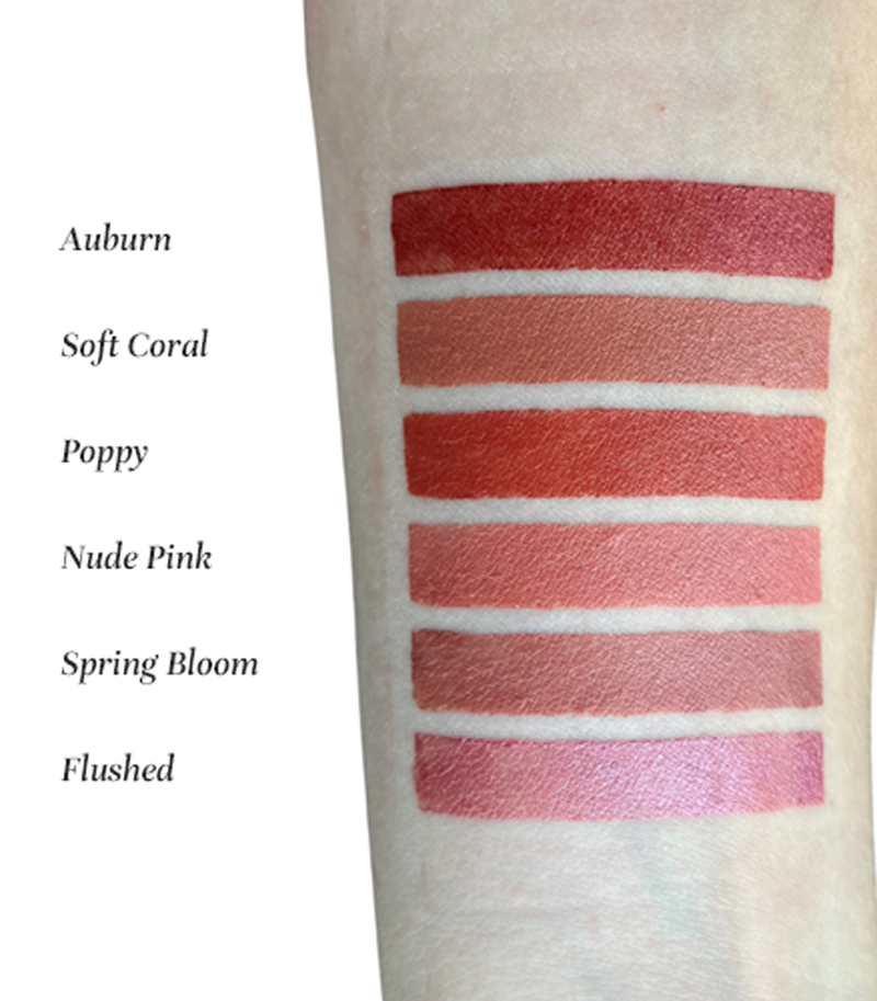 Inika organic vegan lipstick swatches in de kleuren auburn, soft coral, poppy, nude pink, spring bloom & flushed
