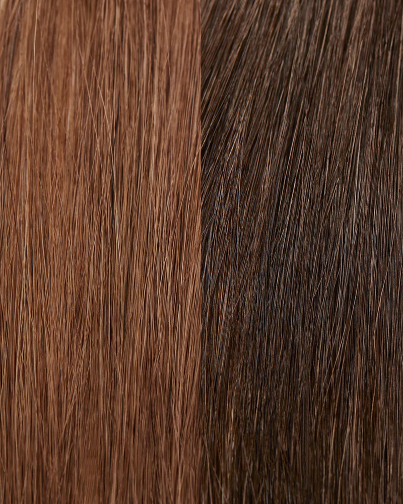 Resultaat van Maria Nila Colour Refresh voor en na foto's na het gebruik van een cacao intense donker bruine colour refresh kleurmasker