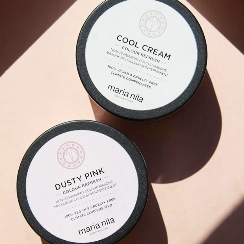 100% natuurlijke non-permanente haarkleuring van Maria Nila in de kleuren Cool Cream en Dusty Pink.