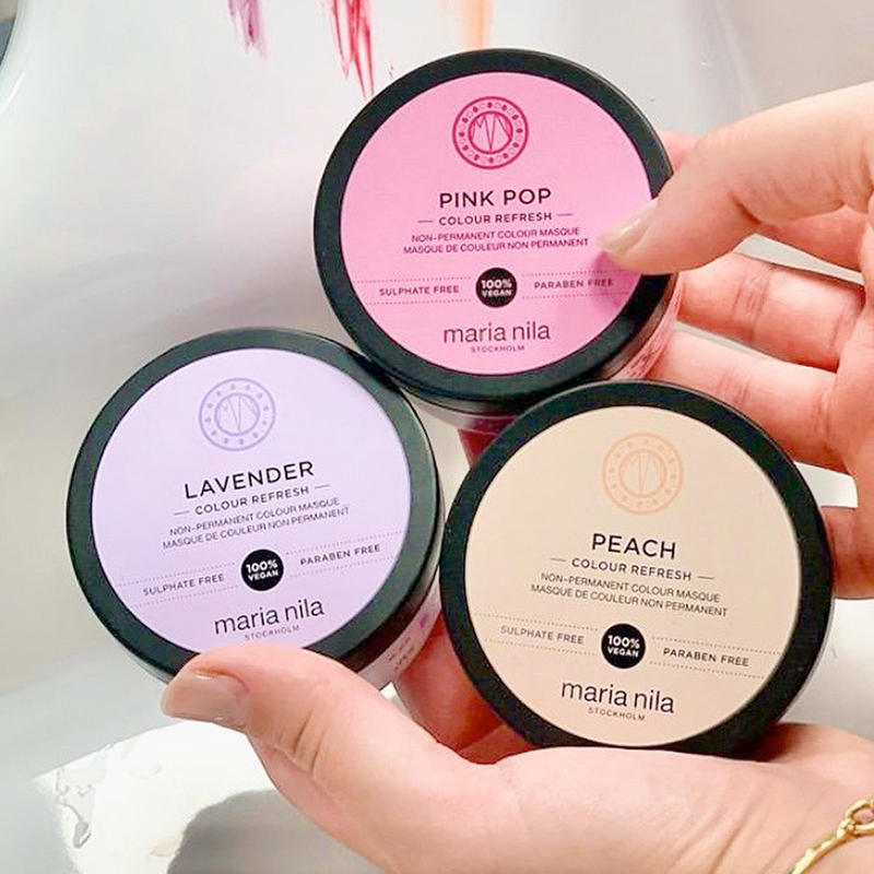 Pink pop, Lavender en peach kleurmaskers van Maria Nila. De 100% natuurlijke non-permanenten haarkleuring voor mooie felle en pasteltinten. 
