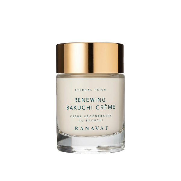 De heerlijke RANAVAT. Eternal Reign Renewing Bakuchi Creme is gemaakt om te hydrateren, te herstellen en te vernieuwen. Deze luxe crème zit boordevol krachtige, jeugdige plantaardige ingrediënten zoals bakuchizaad en lotusbloem en heeft een zijdezachte finish die je huid er royaal uitgerust laat uitzien. Cruelty Free I Non-GMO I Glutenvrij I Palmvrij I Synthetisch Parfumvrij I Veganistisch